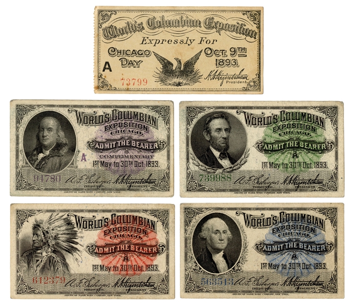  Chicago 1893 World’s Columbian Exposition Tickets (5). Incl...