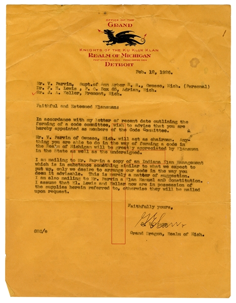  [KU KLUX KLAN—MICHIGAN]. A group of letters and documents. ...