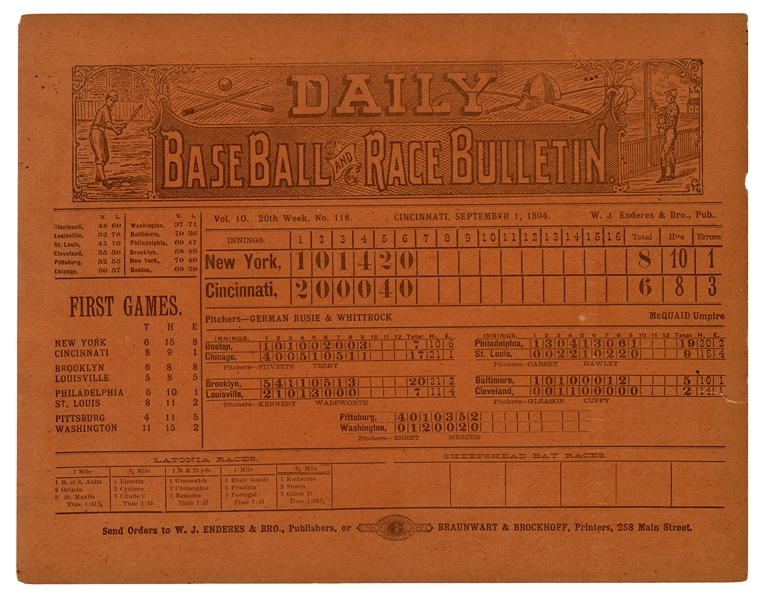  [BASEBALL]. Daily Baseball and Race Bulletin. Cincinnati: S...