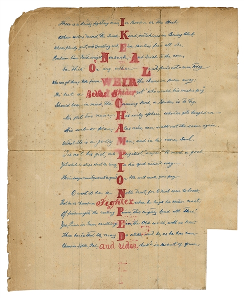  [BOXING]. WEIR, Ike (1867-1908). Handwritten poem about Ike...