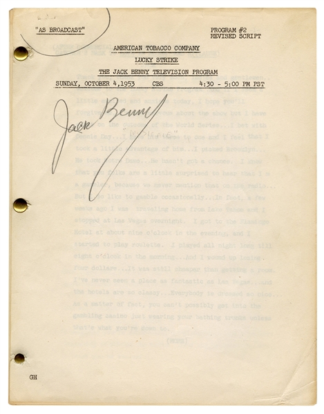  BENNY, Jack (1894-1974). Signed television program script. ...