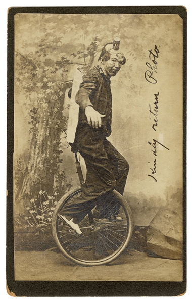  [CIRCUS]. Cabinet Photo of a Clown Unicyclist. N.p., ca. 19...