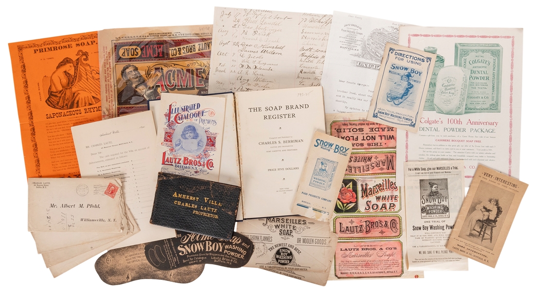 [ADVERTISING]. A group of soap advertisements, letters, and...