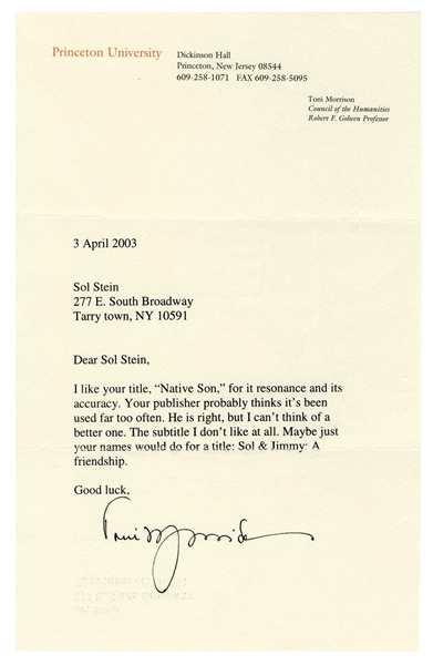  MORRISON, Toni (1931-2019). Typed letter signed to Sol Stei...