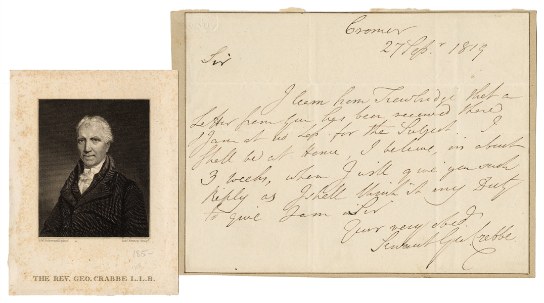  CRABBE, George (1754-1832). Autographed letter signed by Ge...