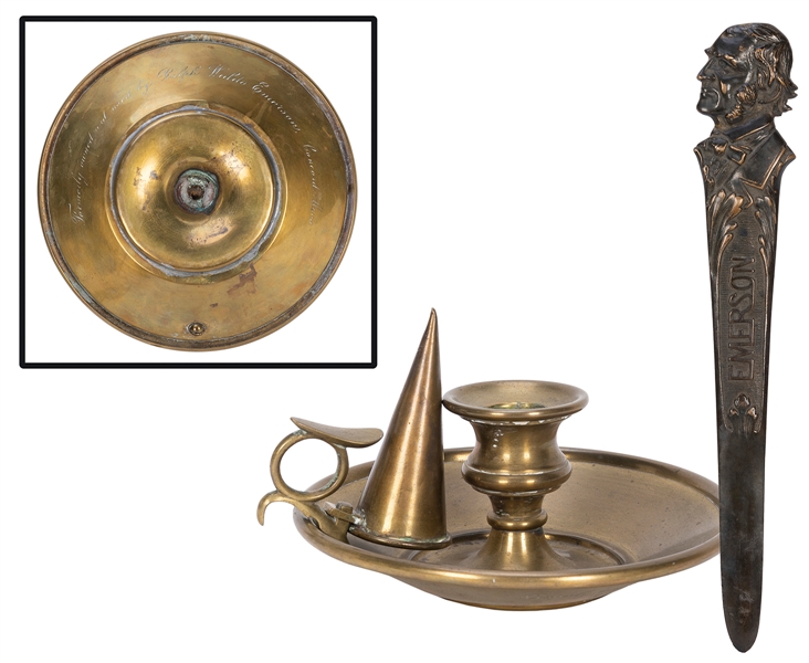  [EMERSON, Ralph Waldo (1803-1882)]. Brass candle holder wit...