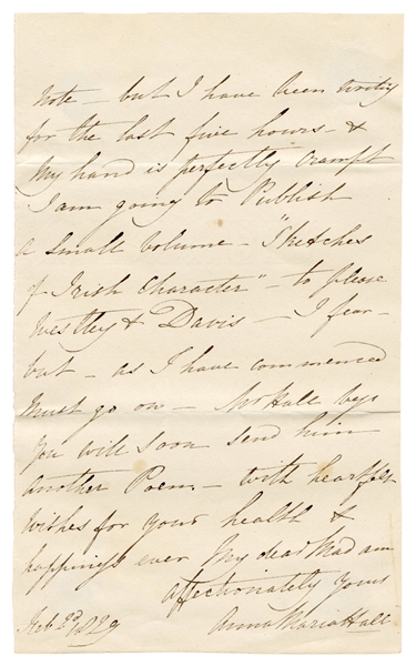  HALL, Anna Maria (1800-1881). Autographed letter signed by ...