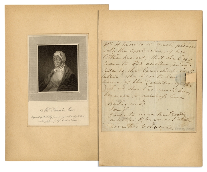  MORE, Hannah (1745-1833). Unsigned third person handwritten...