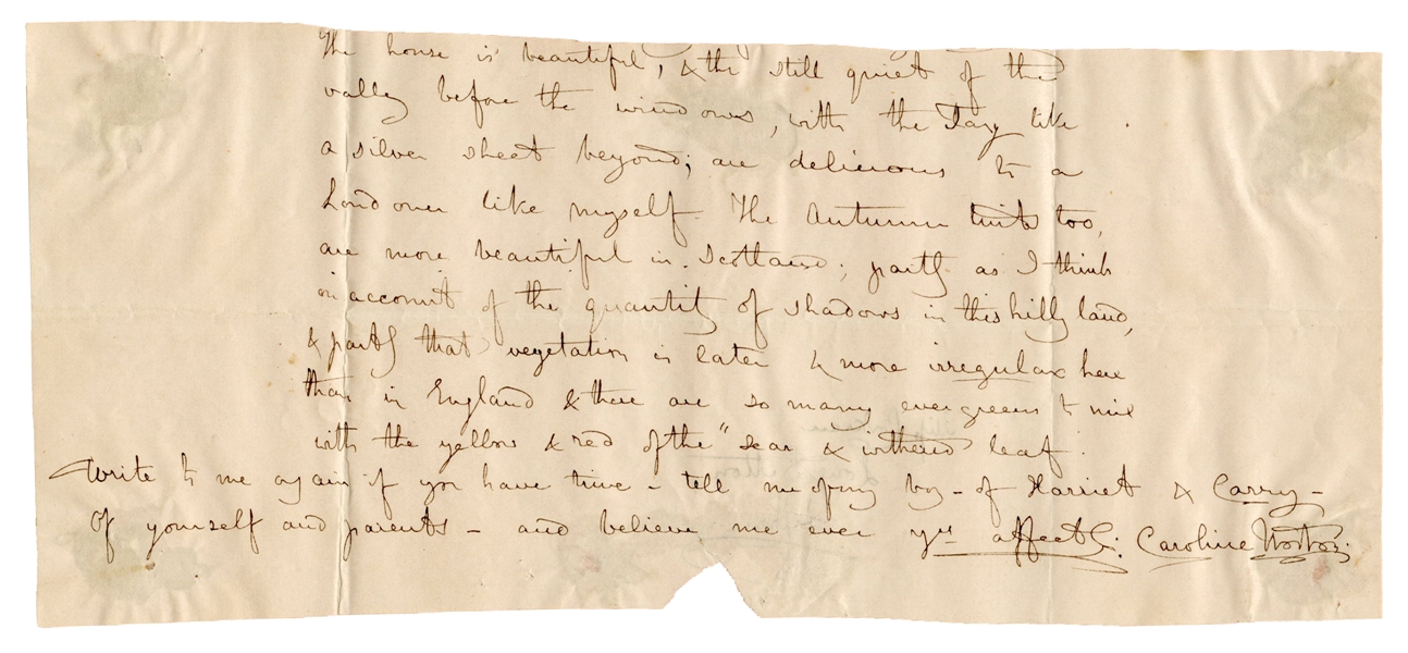  NORTON, Caroline (1808-1877). Autograph letter signed fragm...