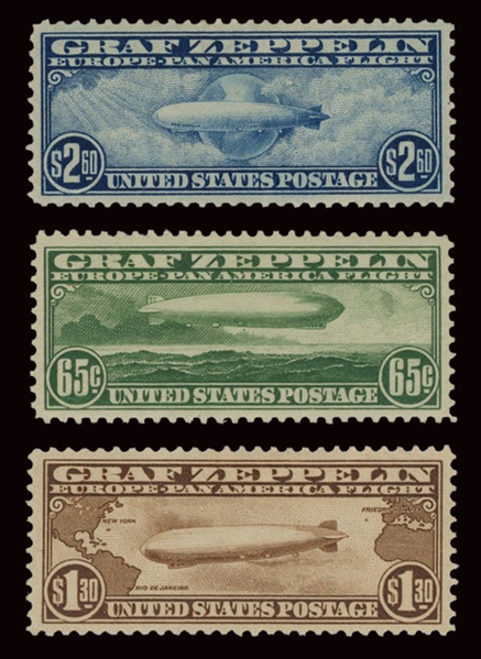  Scott # C-13-15. U. S. Zeppelin Stamp Set. Jumbo margins, a...