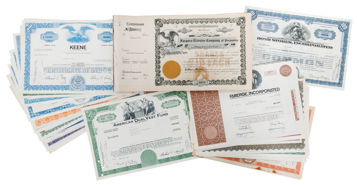  A large group of stock certificates. 19th/20th century. A c...