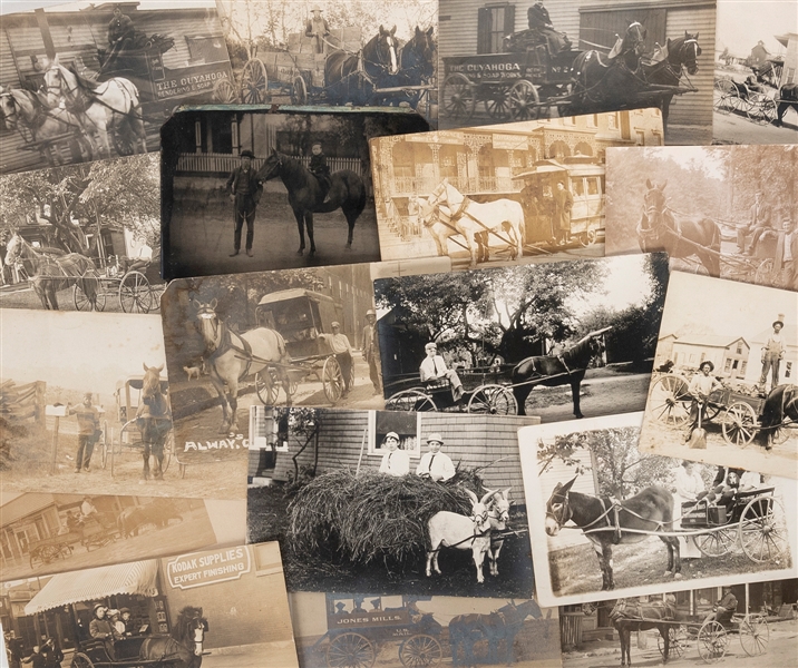  [HORSES]. A group of 16 RPPCs and a tintype depicting early...