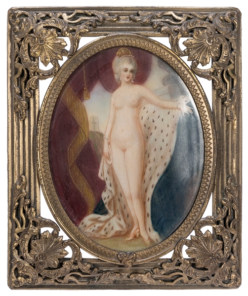  French nude miniature portrait on enamel. Circa 19th centur...