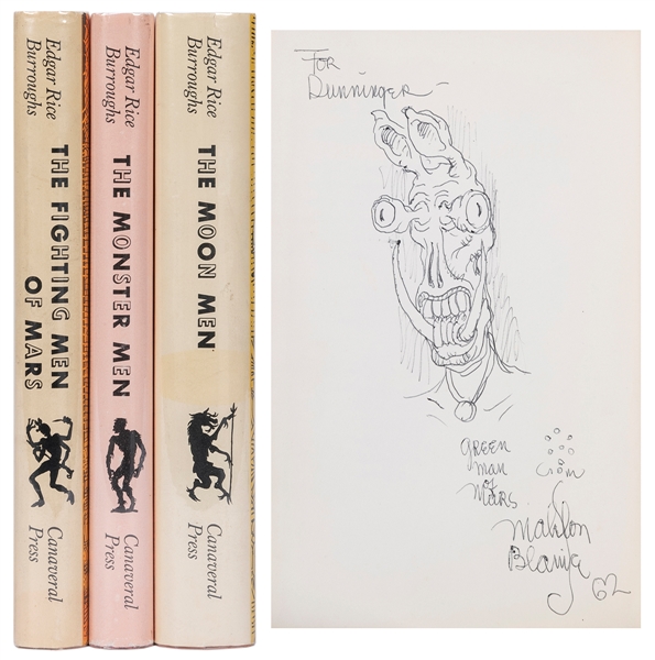  BURROUGHS, Edgar Rice. Three Volumes with original signed drawings by Mahlon Blaine.