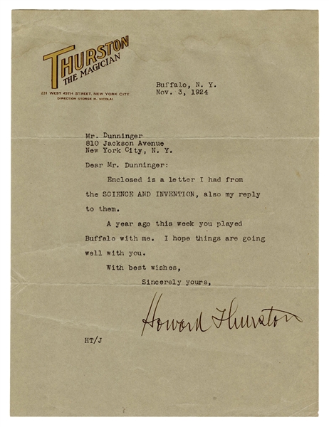  THURSTON, Howard. Howard Thurston TLS to Joseph Dunniger. D...