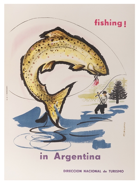  CESAREO. Fishing! in Argentina. Circa 1950s. Tourism poster...