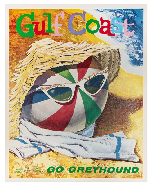  Gulf Coast / Go Greyhound. USA, ca. 1960s. Travel poster de...