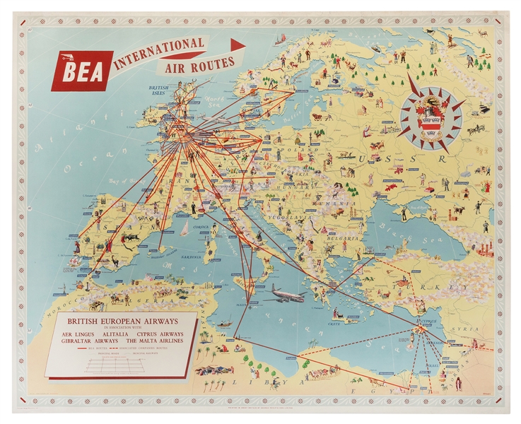  HAWES. BEA International Air Routes. 1954. George Philip & ...