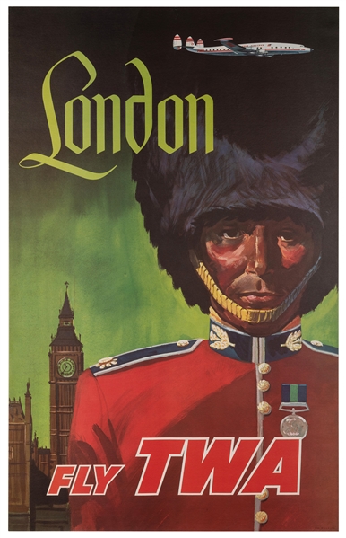  London / Fly TWA. Circa 1950s. Lithograph airline poster wi...