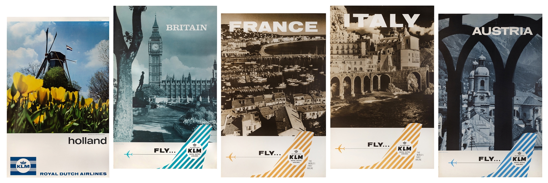  KLM. Group of five travel posters. Includes four posters wi...