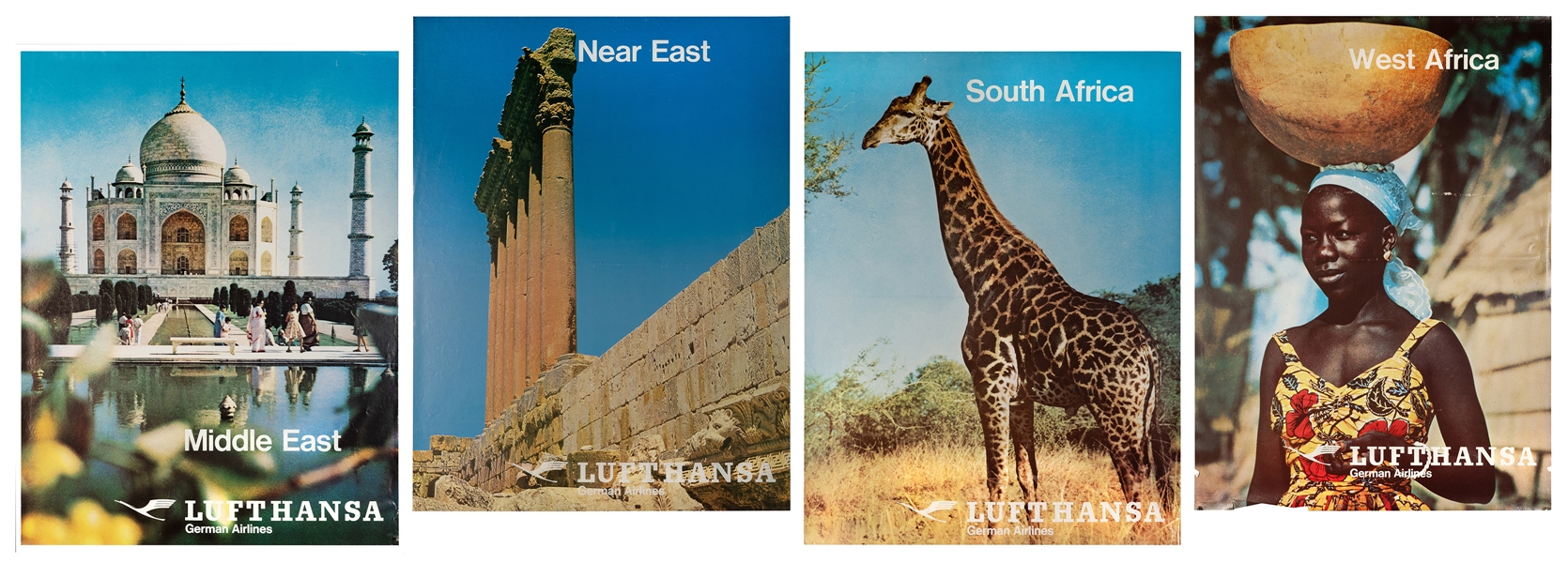  Lufthansa. Group of 4 travel posters. Circa 1970s. Color ph...