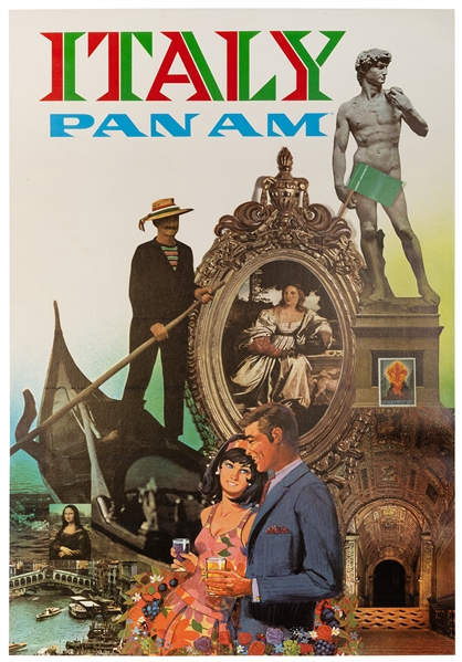 Italy / Pan Am. USA, 1968. Airline poster with a collage of...