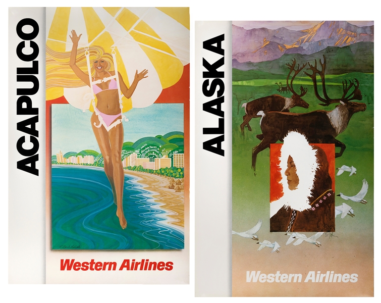  Western Airlines. Pair of vintage posters. Circa 1980s. Pos...
