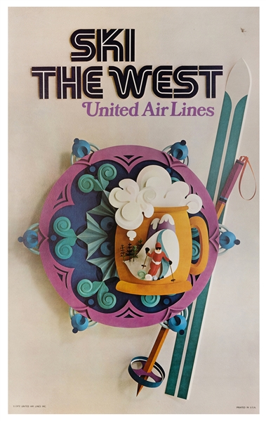  Ski the West / United Air Lines. 1972. 40 3/8 x 24 ¾”. Line...