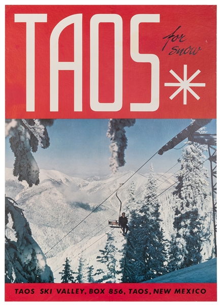  Taos for Snow. 1960s. Winter sports poster advertising Taos...