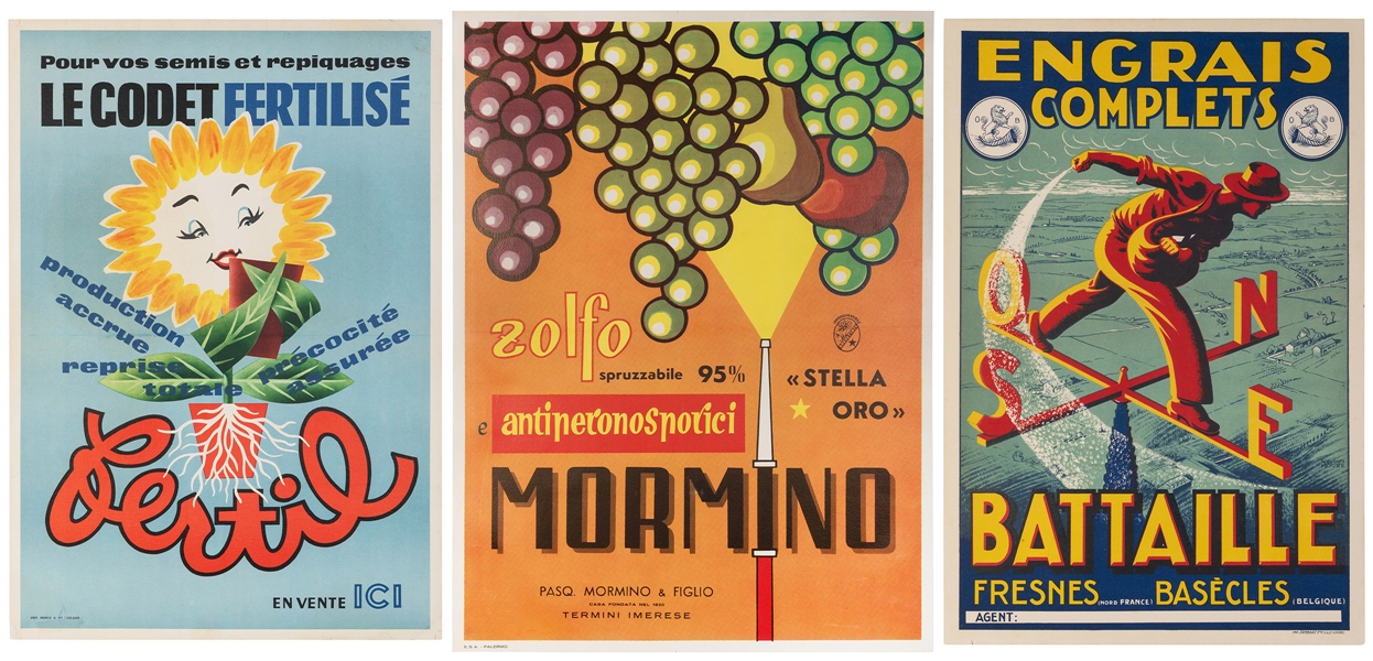  Trio of vintage fertilizer advertising posters. French/Belg...