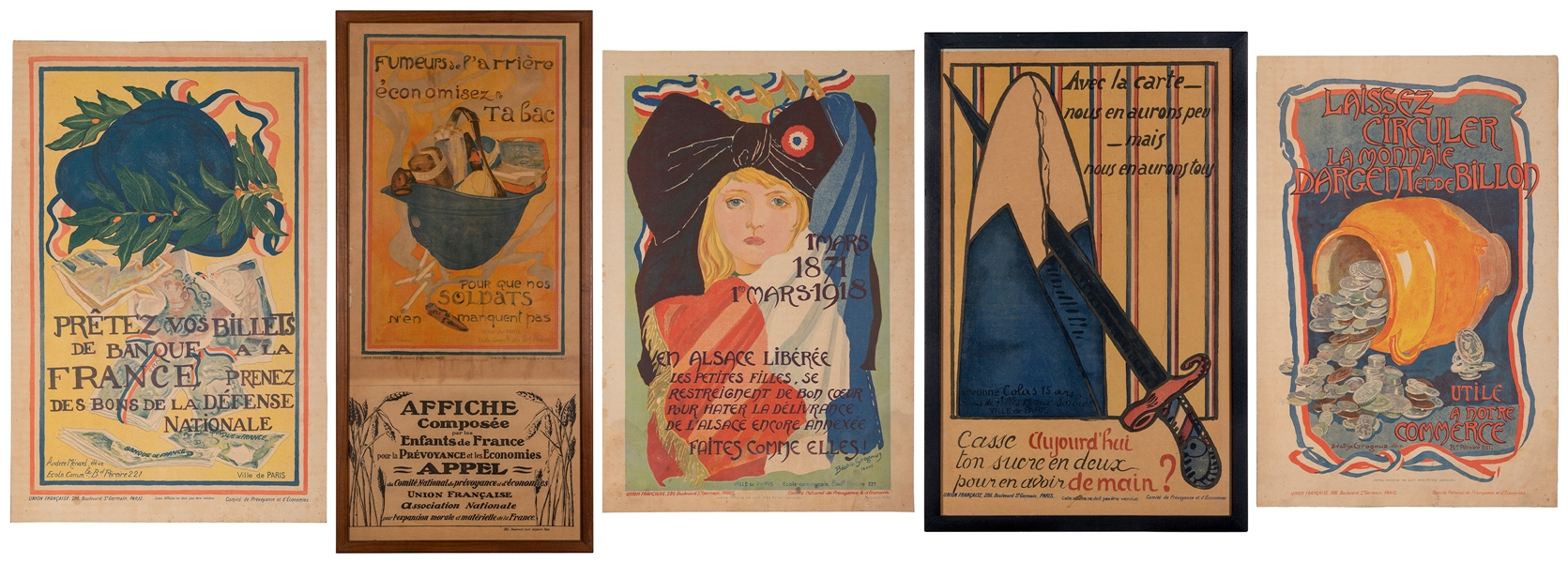  [WORLD WAR I] Group of 5 French propaganda posters. Paris, ...