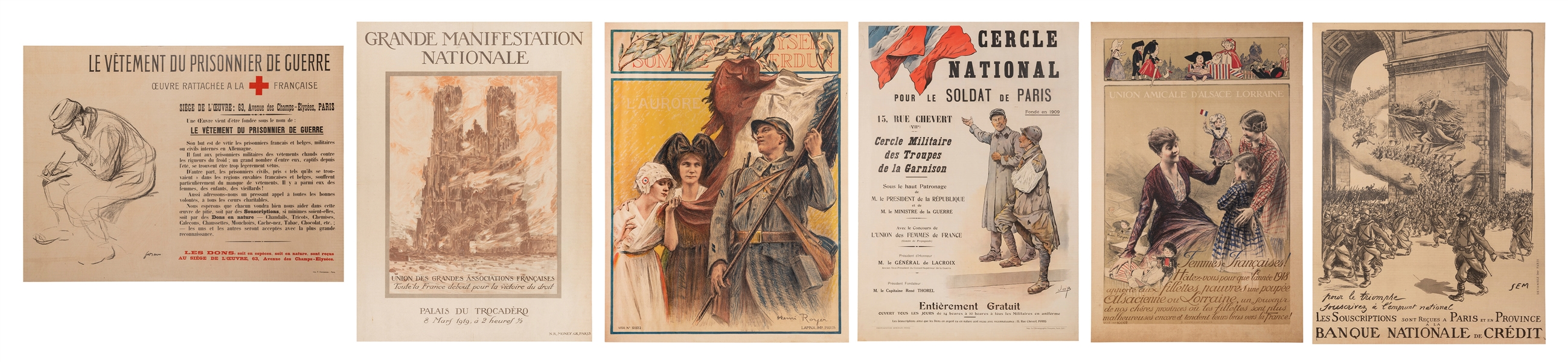  [WORLD WAR I] Group of 6 French posters. Lithographs. Inclu...