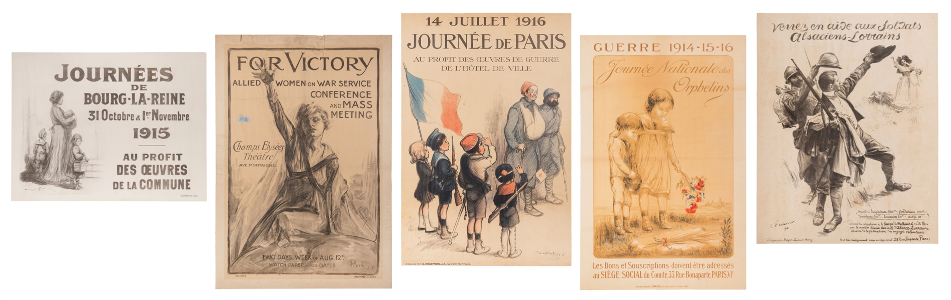  [WORLD WAR I] Group of 5 French war aid and relief posters....