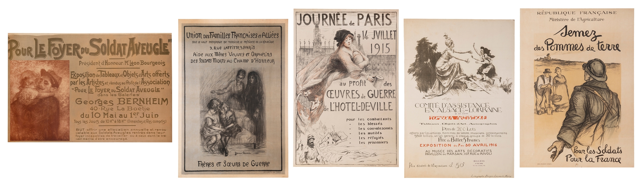  [WORLD WAR I] Lot of 5 French war aid and relief posters. I...