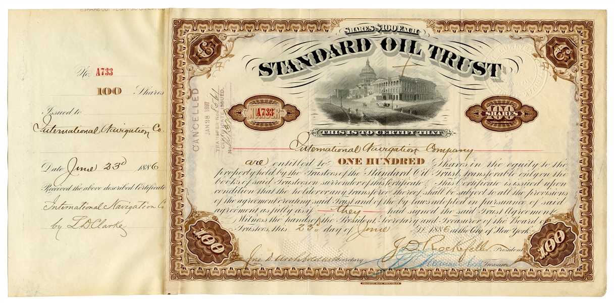  [STOCKS]. Standard Oil Trust stock certificate for 100 shar...