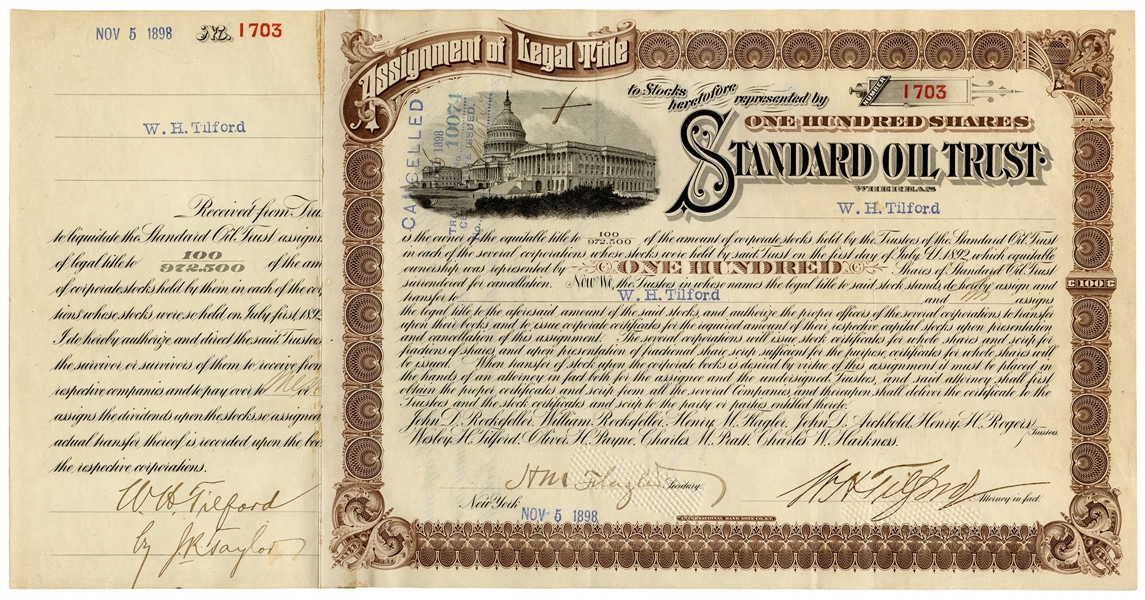  [STOCKS]. Standard Oil Trust stock certificate for 100 shar...