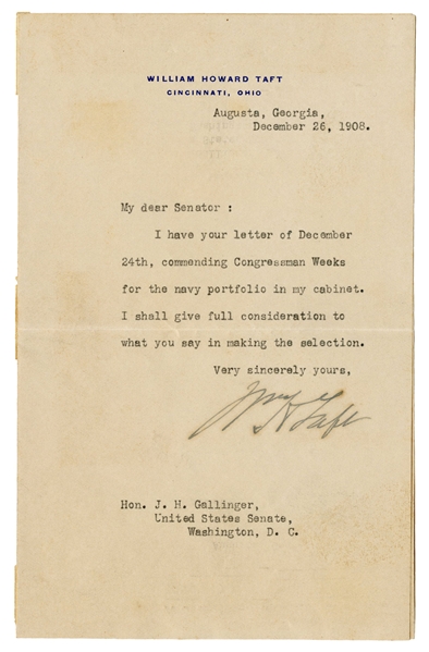  TAFT, William Howard (1857-1930). Typed letter signed (“Wm....