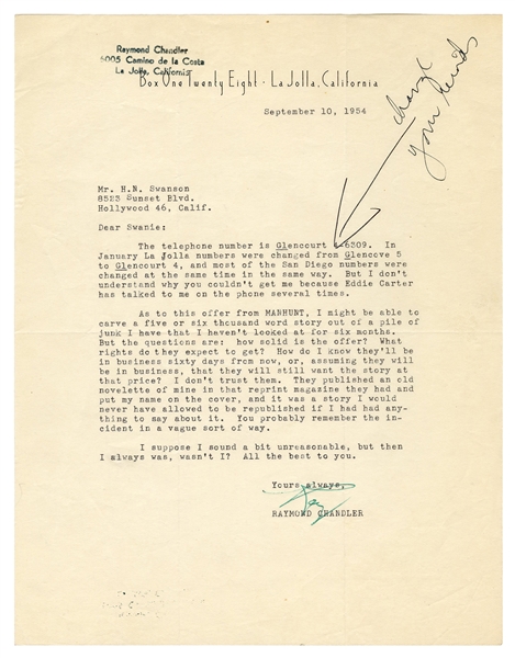  CHANDLER, Raymond (1888–1959). Typed letter signed (“Ray”) ...