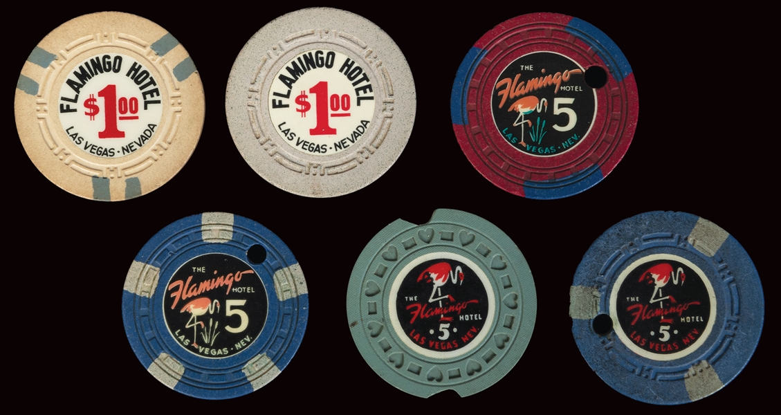  Flamingo Las Vegas Casino Chip Lot (6). Includes (2) $1 chi...