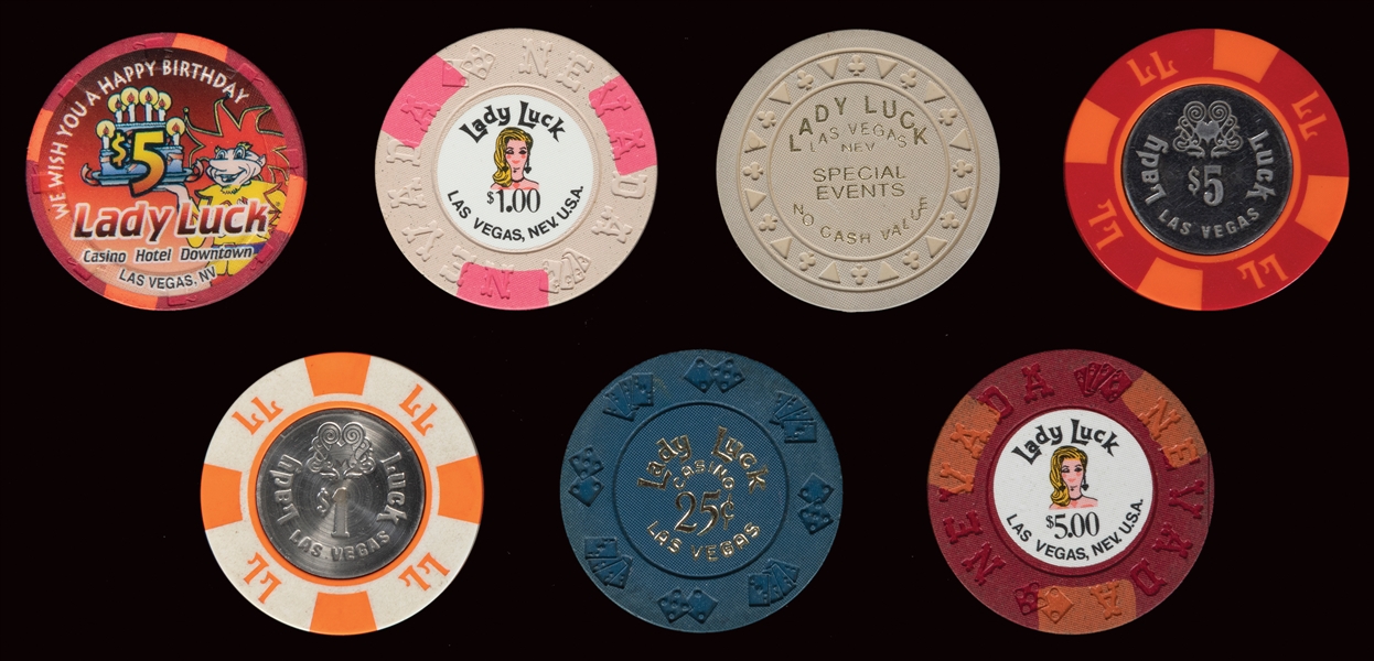  Lady Luck Las Vegas Casino Chip Lot (7). Including 3rd issu...