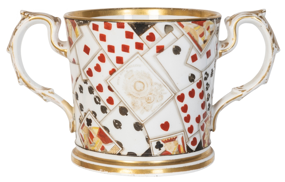  Goodall Playing Cards Porcelain Loving Cup. Two-handled whi...