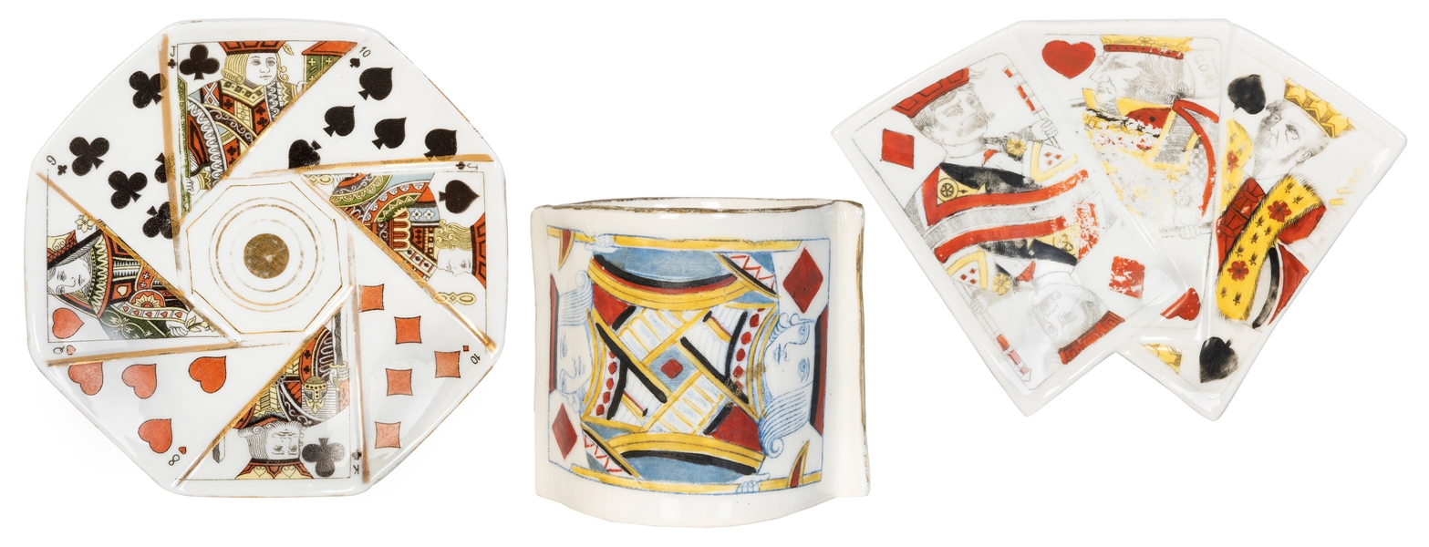  Three Playing Card Porcelain Articles. Including a cigarett...