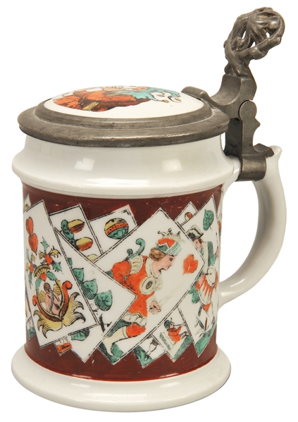  Porcelain German Beer Stein with Playing Card Design. Circa...