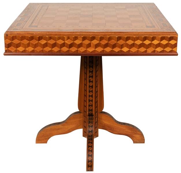  Inlaid gaming table with glass top. 20th century. Chess boa...