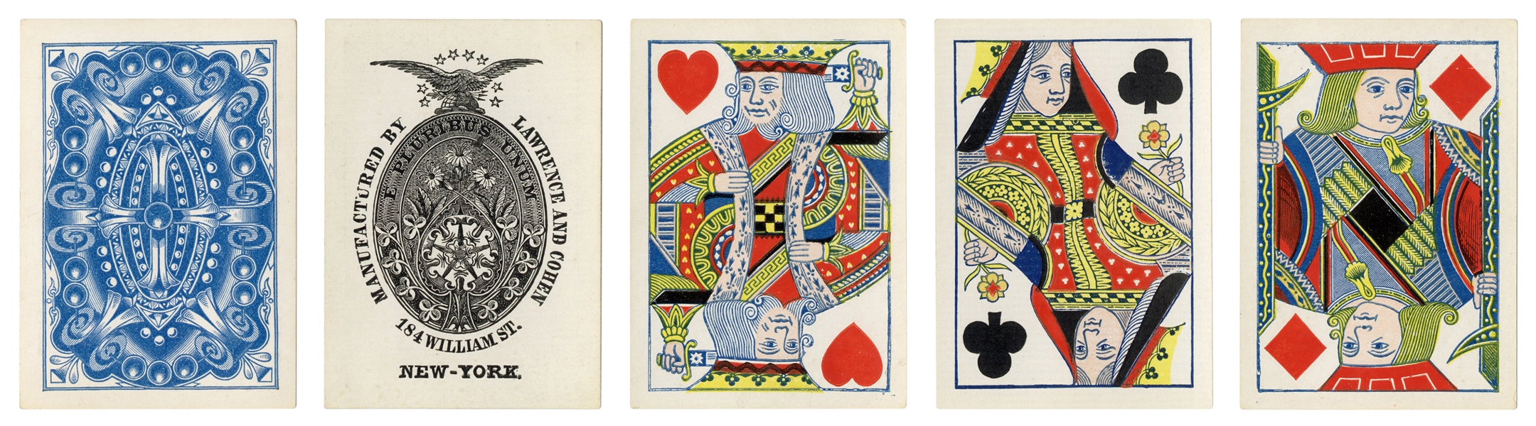  Lawrence & Cohen playing cards. New York, ca. 1866. 52 + 2 ...