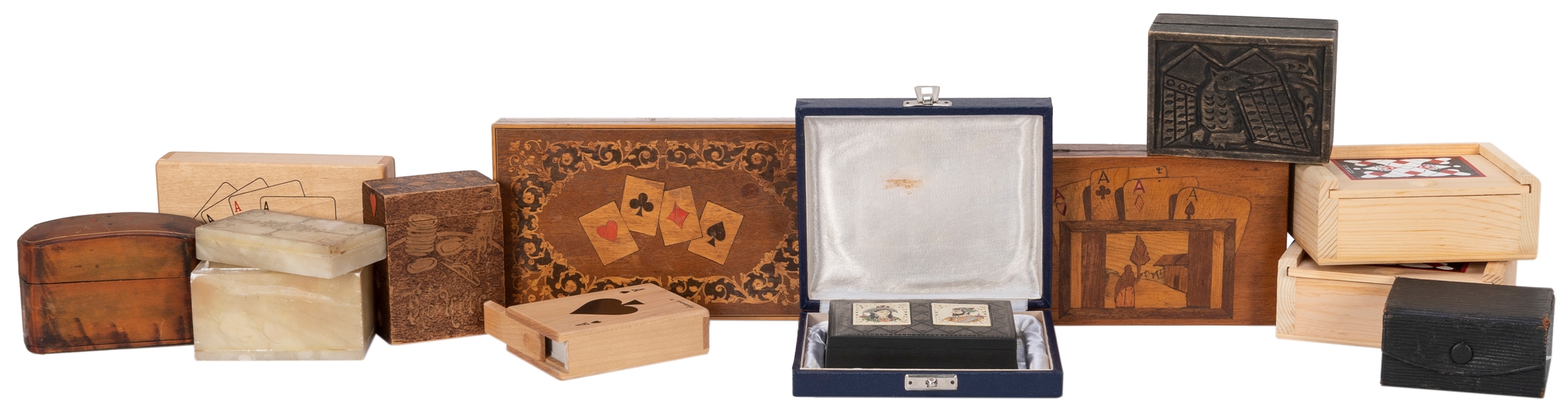  A group of 11 playing card boxes. 20th century. Mix of wood...