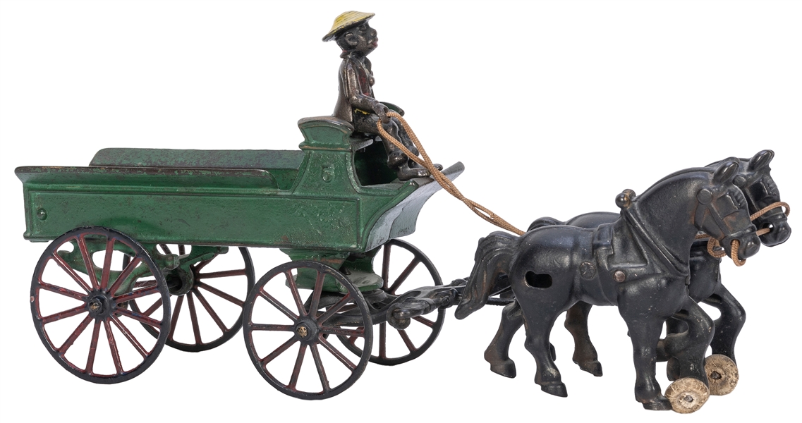  Cast Iron Horse Wagon with Black Driver. Green painted wago...