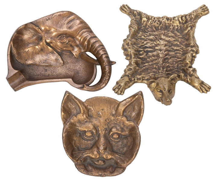  Trio of Bronze Animal Figural Ashtrays. Having a bear rug f...