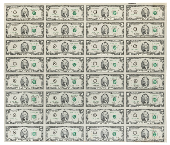 Lot Detail - Uncut Sheet of United States $2 (Two Dollar) Bills. Series ...