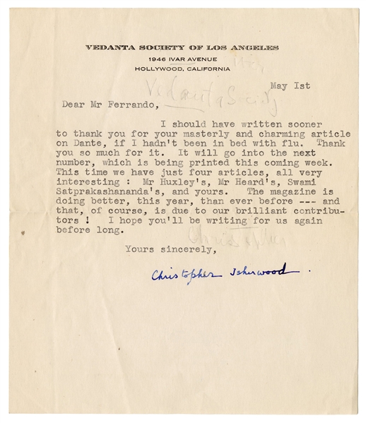  ISHERWOOD, Christopher (1904–1986). Typed letter signed (“C...